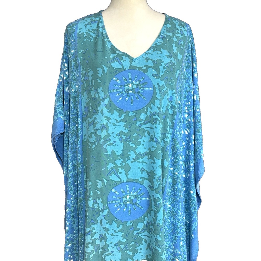 Metropolitan V Neck Tunic Top Blue Green Batik Print India Super Soft OS